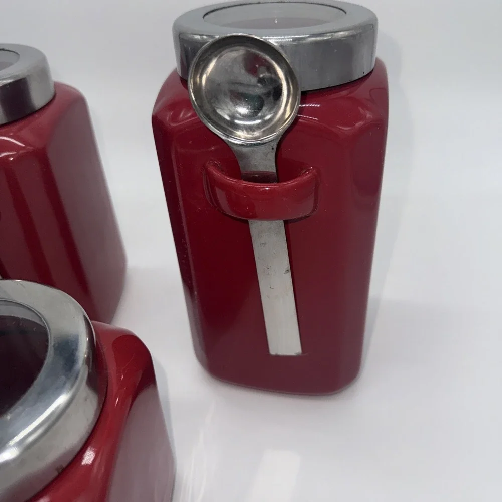 Set of 3 Red/Silver Mainstay Canisters With Spoons